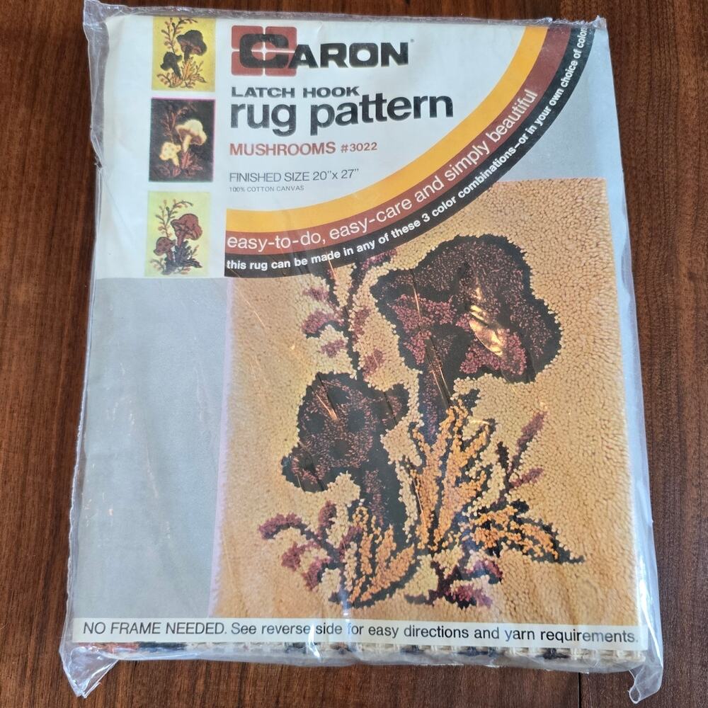 Vintage 70s Caron Mushrooms Cotton Canvas Latch Hook Rug Pattern Retro 20X27